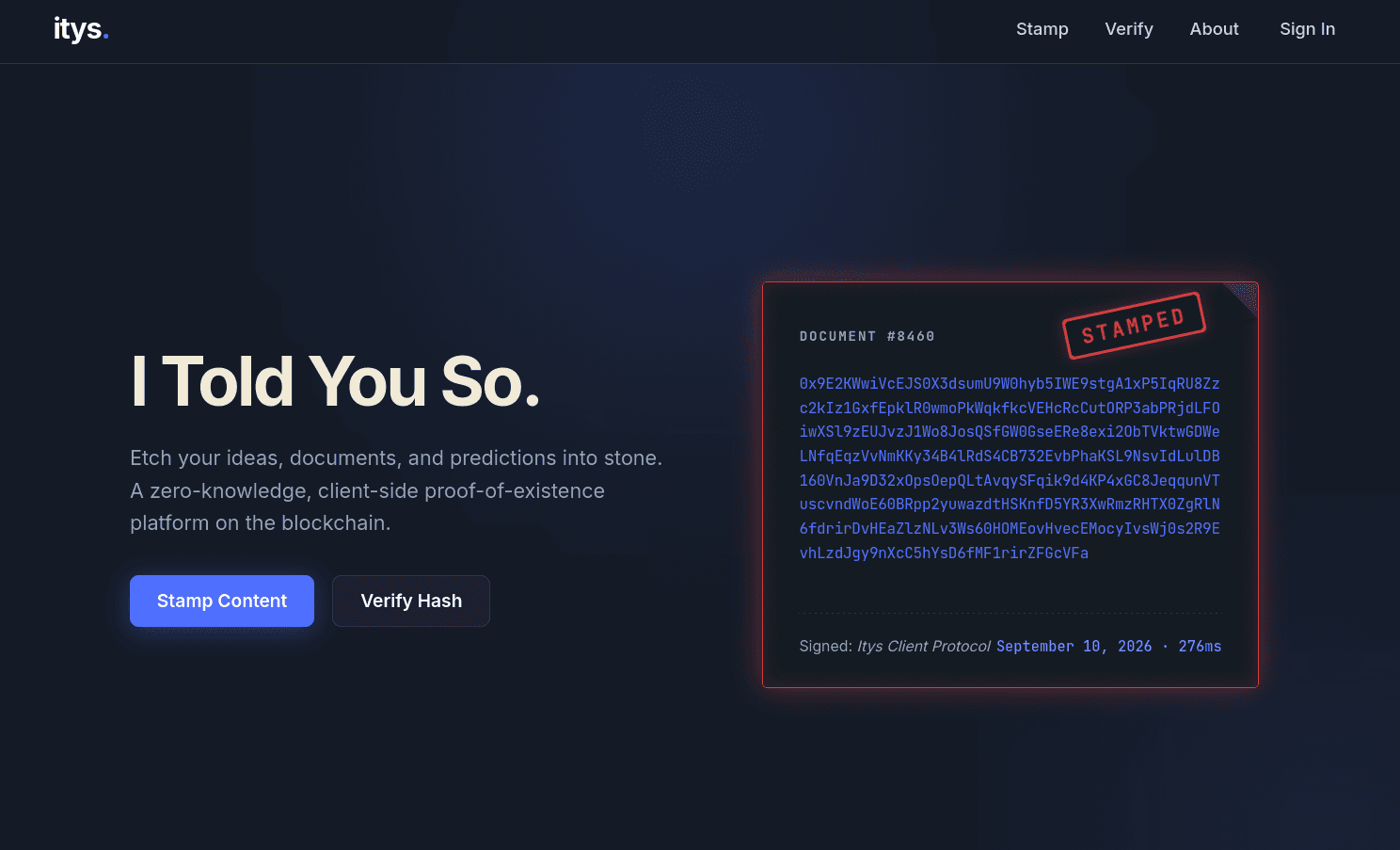 Itys proof document receiving a cryptographic timestamp stamp